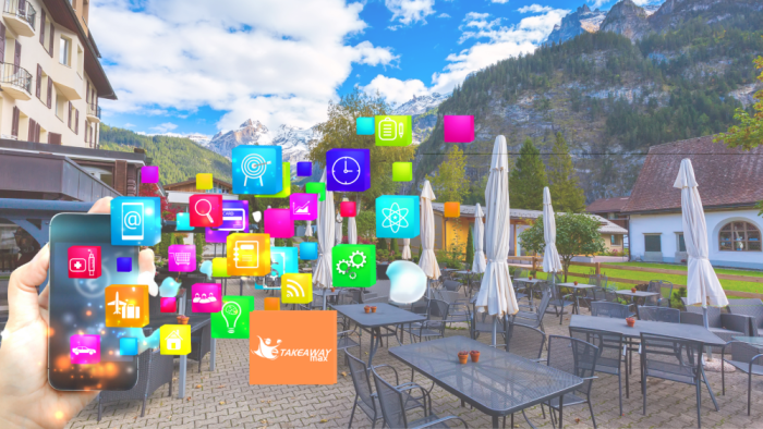 Social Media Marketing for Restaurants & Takeaways - A Complete Guide 1 On the background is a restaurant's outdoor section with black tables and chairs. Also shows social media marketing icons and the logo of eTakeawayMax.